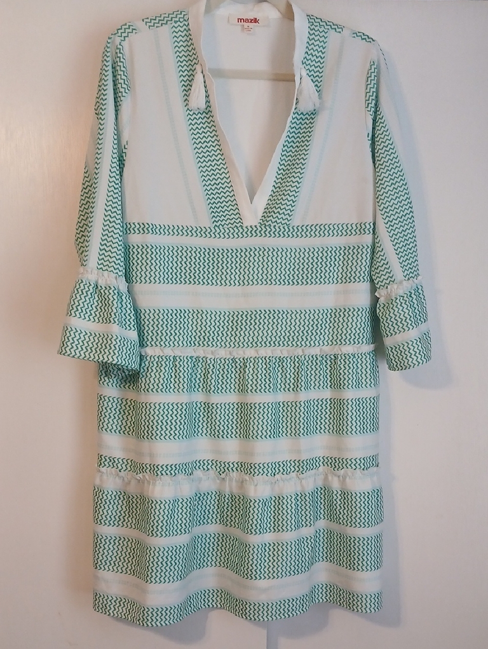 Mazik White and Teal Striped V-Neck Midi Dress in Size M